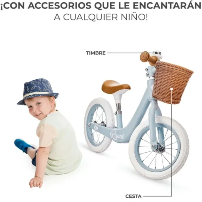 Bicicleta de equilibrio sin pedales Rapid 2 azul pastel con cesta - Kinderkraft