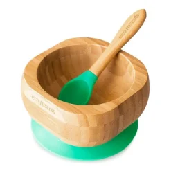 Bol con ventosa y cuchara verde - Madera de Bambú - Eco Rascals