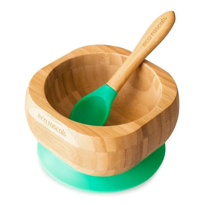Bol con ventosa y cuchara verde - Madera de Bambú - Eco Rascals