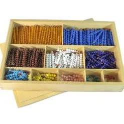 Caja de madera con perlas para multiplicar - Montessori