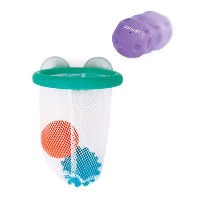 Canasta de baloncesto para bañera con 3 pelotas sensoriales - Janod