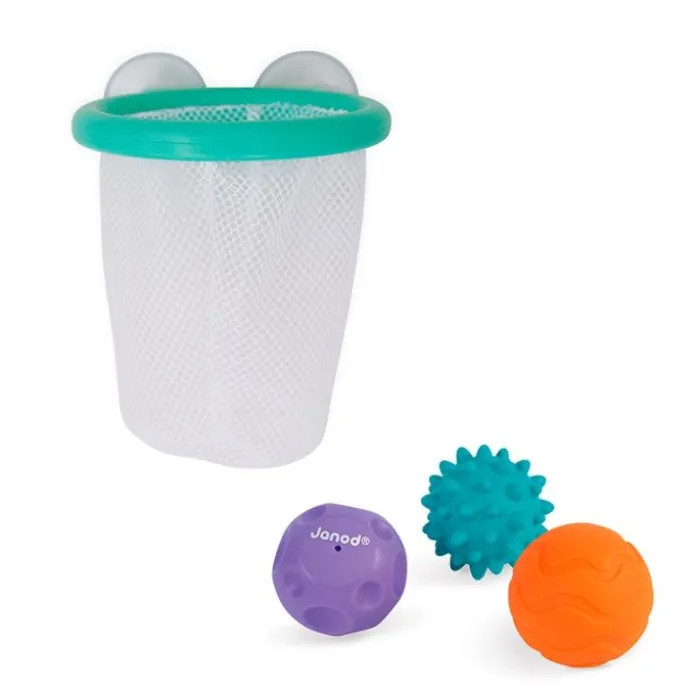 Canasta de baloncesto para bañera con 3 pelotas sensoriales - Janod