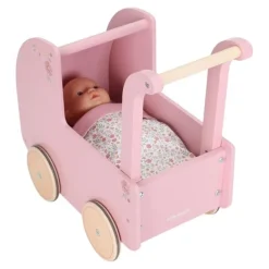 Carrito capazo para muñecas rosa con flores de madera - Little Dutch