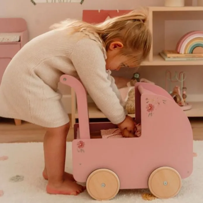 Carrito capazo para muñecas rosa con flores de madera - Little Dutch
