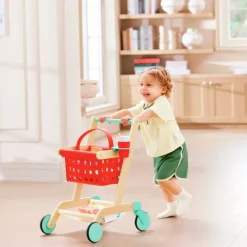 Carrito cesta de la compra de madera con alimentos - Hape