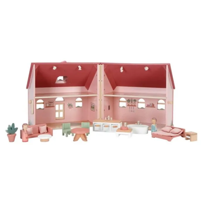 Casa de muñecas de madera con muebles rosa portátil - Little Dutch
