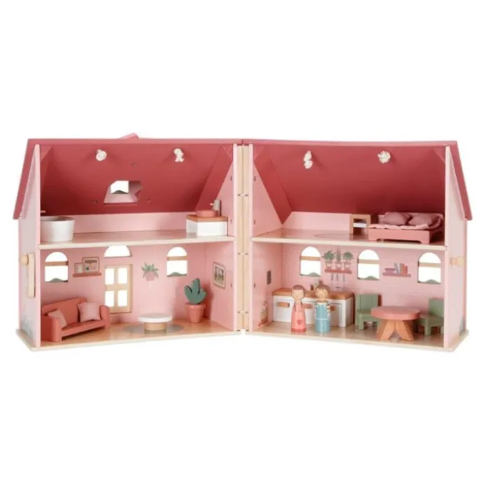 Casa de muñecas de madera con muebles rosa portátil - Little Dutch