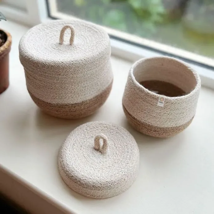 Cestas de yute para almacenar y clasificar con tapa beige y marrón (2) - ReSpiin