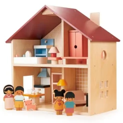 Familia y gato de madera para casa de muñecas - Mentari