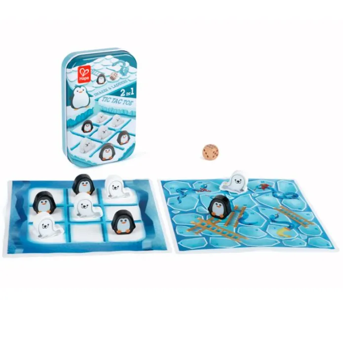 Juego en lata 2 en 1: Tres en raya y Serpientes y escaleras - Hape