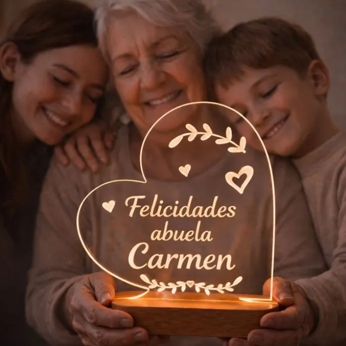 Lámpara personalizada corazón nombres o texto - Metacrilato y madera
