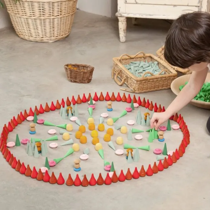 Mandala Flor con 36 círculos dobles de madera colores rosas - Grapat