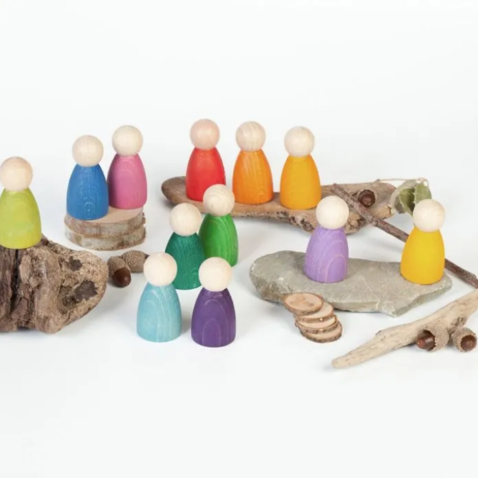 Muñecos Nins® de madera de colores arcoíris y pastel (12) - Grapat