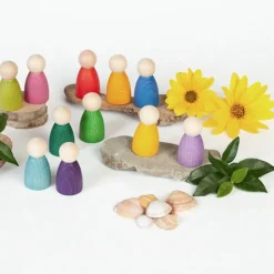 Muñecos Nins® de madera de colores arcoíris y pastel (12) - Grapat