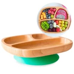 Plato con ventosa verde - Madera de Bambú - Eco Rascals
