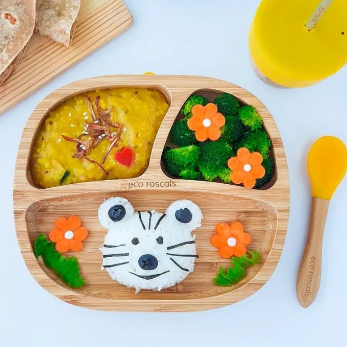 Plato con ventosa verde - Madera de Bambú - Eco Rascals