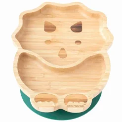 Plato dinosaurio con ventosa verde - Madera de Bambú - Eco Rascals