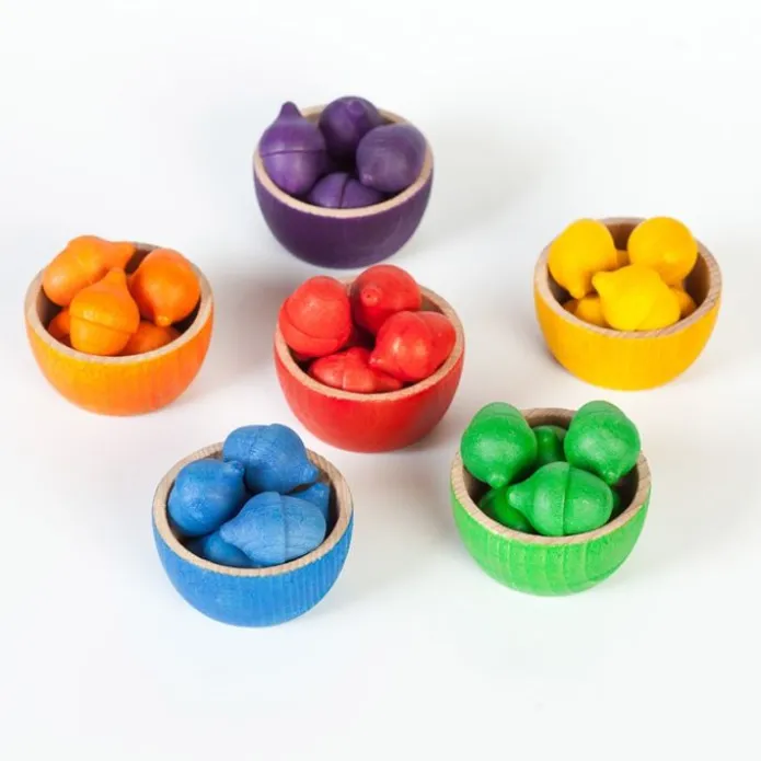Set de cuencos y bellotas de madera colores arcoíris - Grapat
