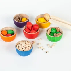 Set de cuencos y bellotas de madera colores arcoíris - Grapat