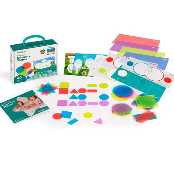 Set de 40 formas geométricas de colores translúcidos y tarjetas de actividades - Miniland