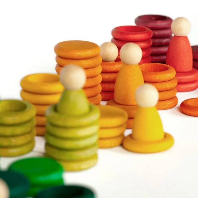 Set de muñecos Nins®, anillas y monedas de madera colores arcoíris y pastel - Grapat