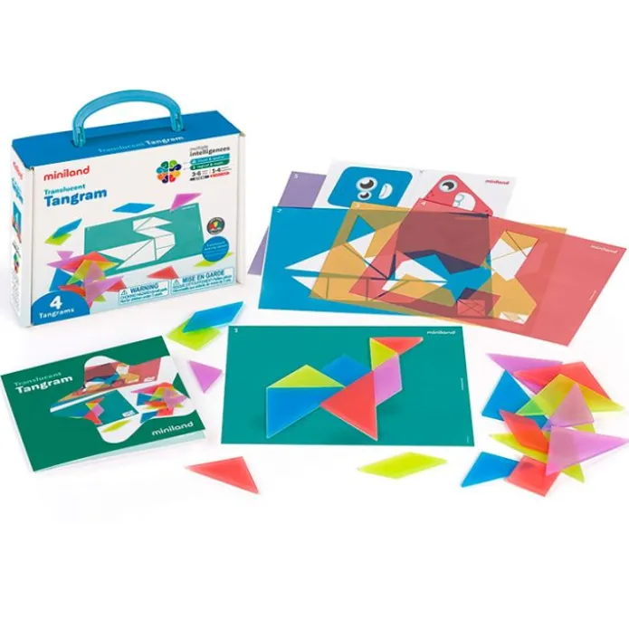 Set de 4 tangrams de colores translúcidos y tarjetas de actividades - Miniland