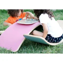 Tabla curva de madera de haya lacada transparente con fieltro fucsia Original - Wobbel + REGALO macaron