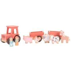Tractor con remolques, personajes y animales de madera - Monnëka