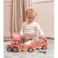 Tractor con remolques, personajes y animales de madera - Monnëka